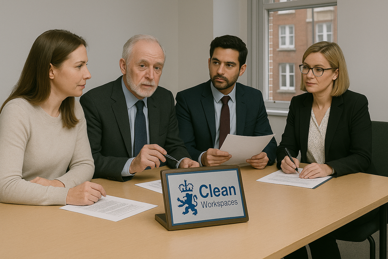 Award committee members discussing criteria during their planning session at Clean Workspaces UK headquarters in London