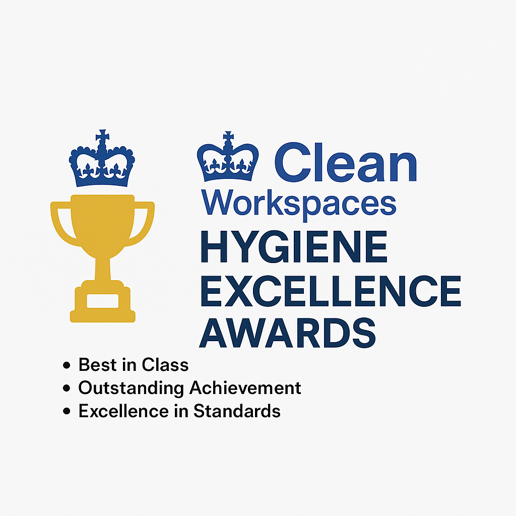 Clean Workspaces UK Hygiene Excellence Awards logo with trophy icon and categories listed